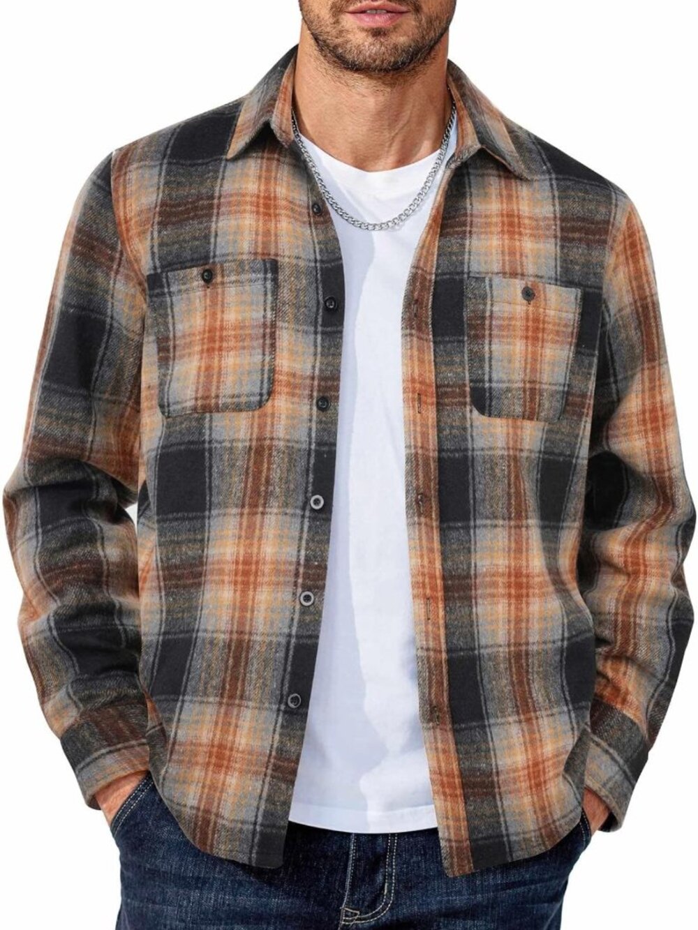 Men's Flannel Shirt Jacket - Long Sleeve Casual Cotton Plaid with Pockets